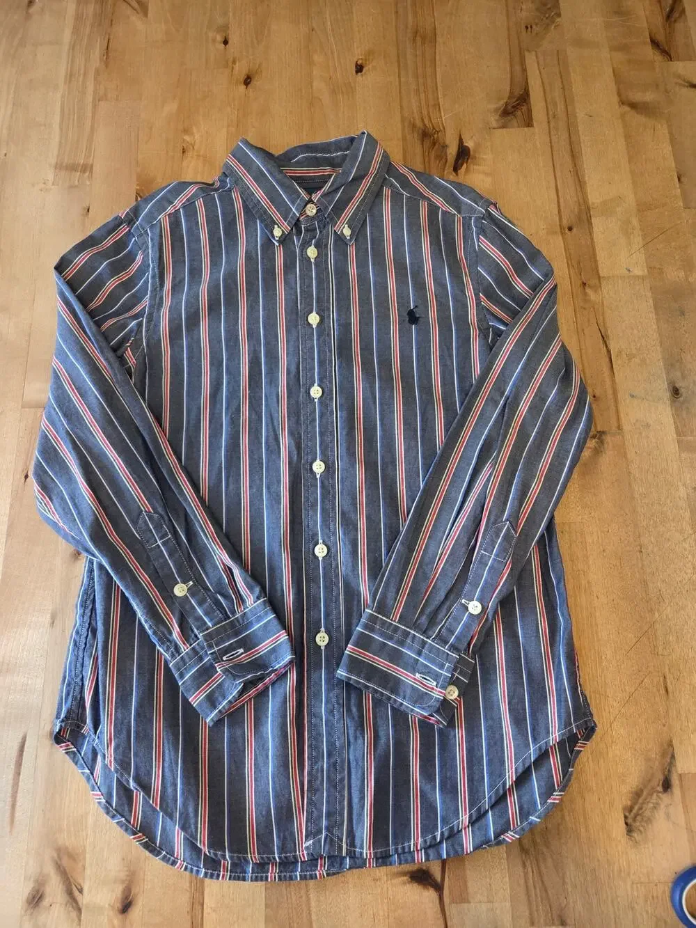 Ralph Lauren Boys M 10-12 Striped Button Down Shirt Grey Navy Red Excellent